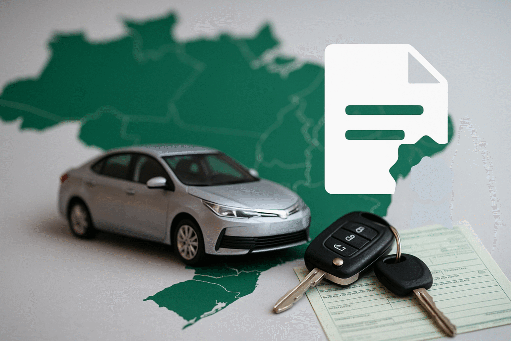 Ilustração de um carro à frente de um mapa do Brasil com ícone de documento, representando serviços de despachante online com atendimento em todo o país.